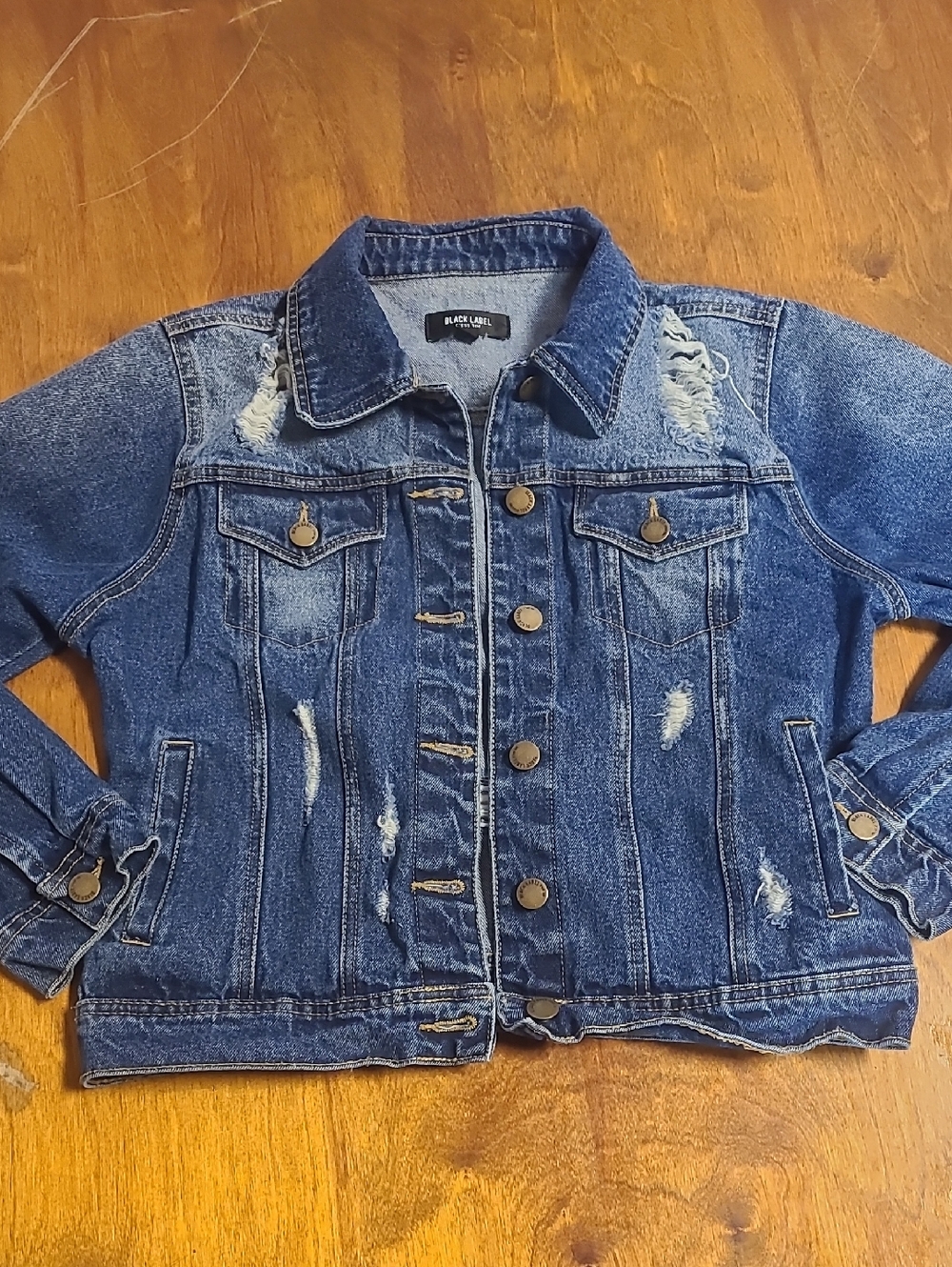 Black Label Distressed Blue Denim Jacket with Contrast Stitching